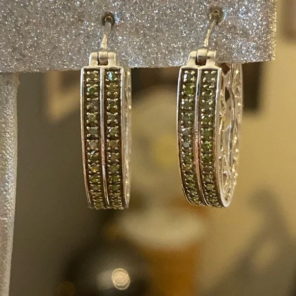 QVC Elegant Sterling Silver Earrings with Vibrant Green Diamonds. - Picture 6 of 7